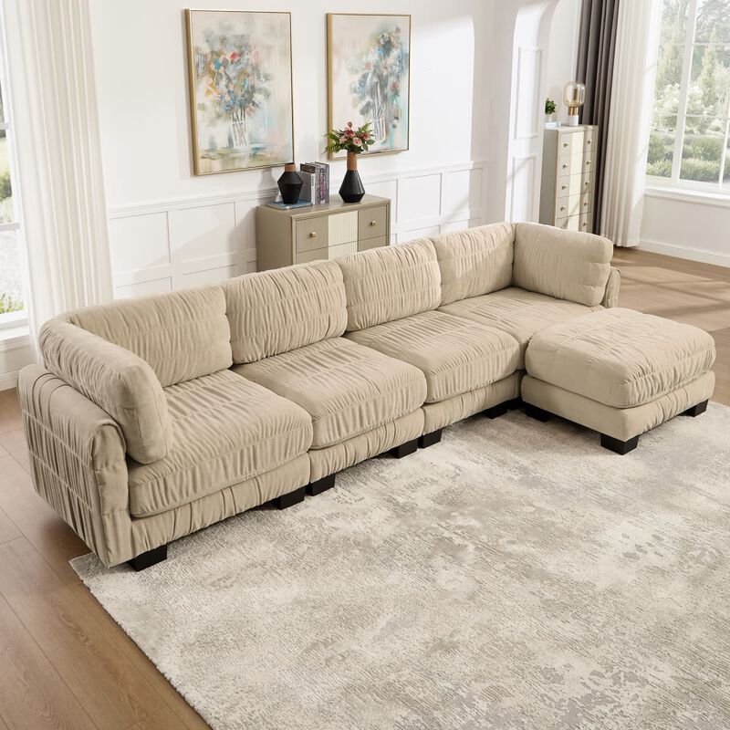 4 seat modular sectional sofa, Chenille L shaped sectional couch with ruched detailing, Modular sectional with movable ottoman image number 4