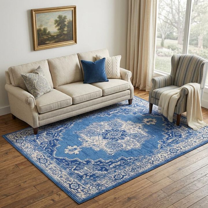 HomeRoots 5' X 7' Ivory And Blue Medallion Area Rug