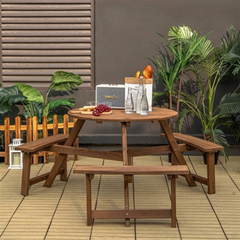 Outdoor Solid Wood Round Dining Table Set with Umbrella Hole and 3 Benches