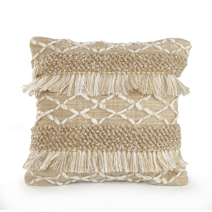 20" Beige and White Fringe Geometric Square Throw Pillow