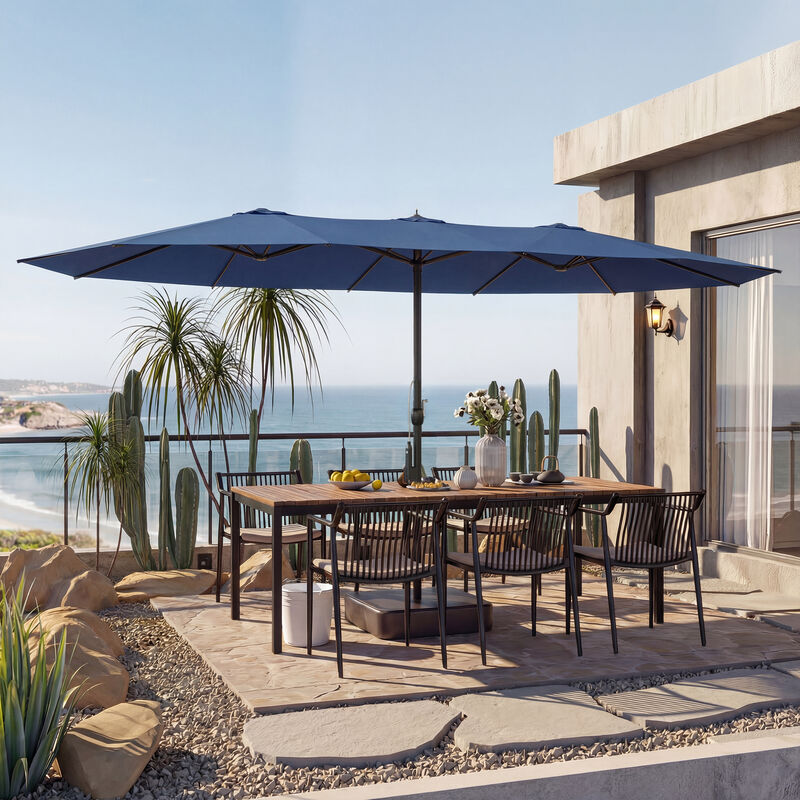 FUFU&GAGA 15ft x 9ft Extra-Large Iron Outdoor Shade Double-Sided Umbrella, Spray System, Patio Shade with Sturdy Base, Navy image number 3