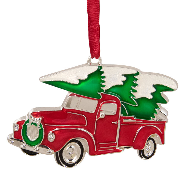 3.5" Red and Silver Country Pick Up Truck with European Crystals Christmas Ornament