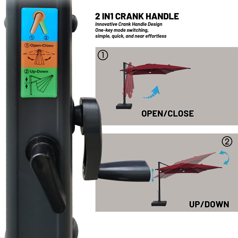 10 ft 360° Rotation Square Cantilever Patio Umbrella with BaseandBT in Red