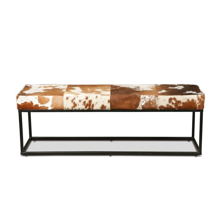 World Interiors Melbourne 54in Iron and Brown Cowhide Leather Bench