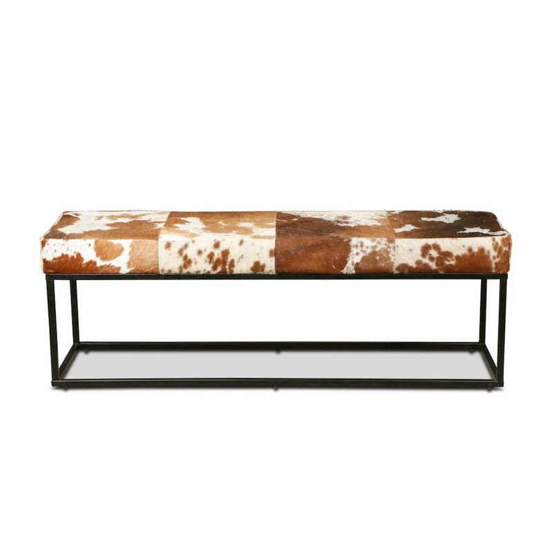World Interiors Melbourne 54in Iron and Brown Cowhide Leather Bench image number 0