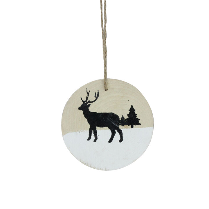 3.9" Winter Deer with Pine Trees on Wood Disc Christmas Ornament