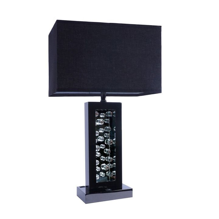 28 Inch Nickel Table Lamp, Black Fabric Shade, Glass Panel and LED Accents-Benzara