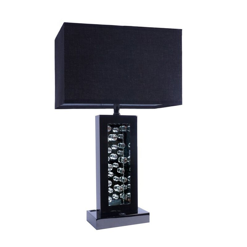 28 Inch Nickel Table Lamp, Black Fabric Shade, Glass Panel and LED Accents - Benzara