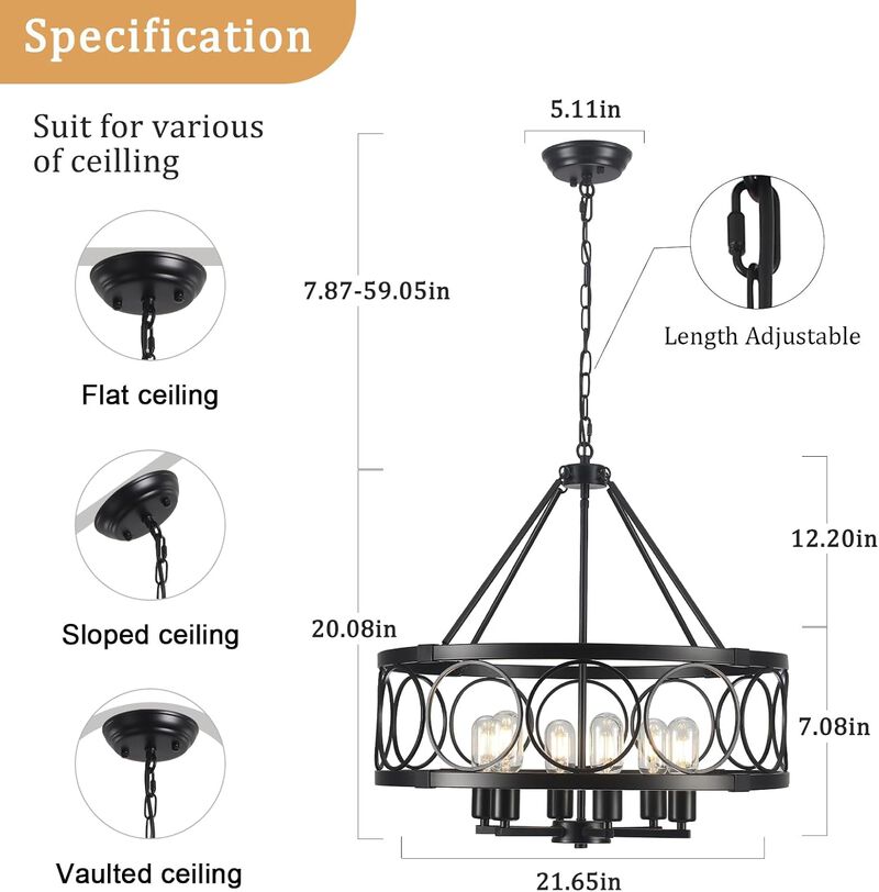 ShipItFurniture Black Farmhouse 6-Light Drum Chandelier image number 6