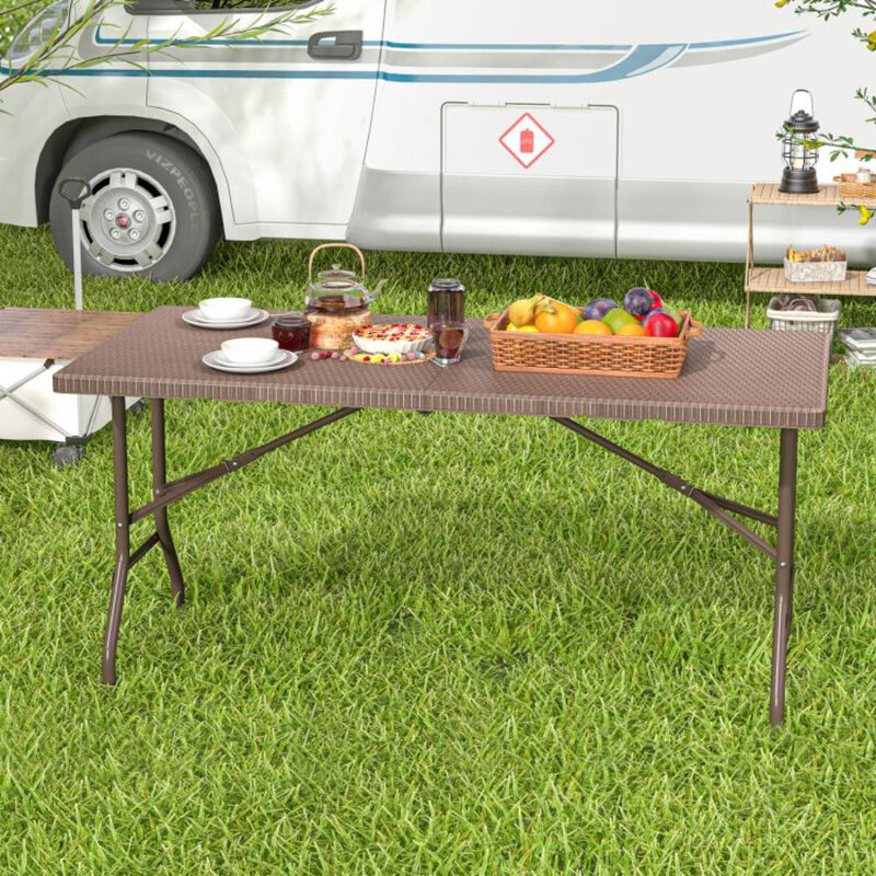 Hivvago 5FT Folding Picnic Table with Rattan Grain HDPE Tabletop and Sturdy Metal Fame