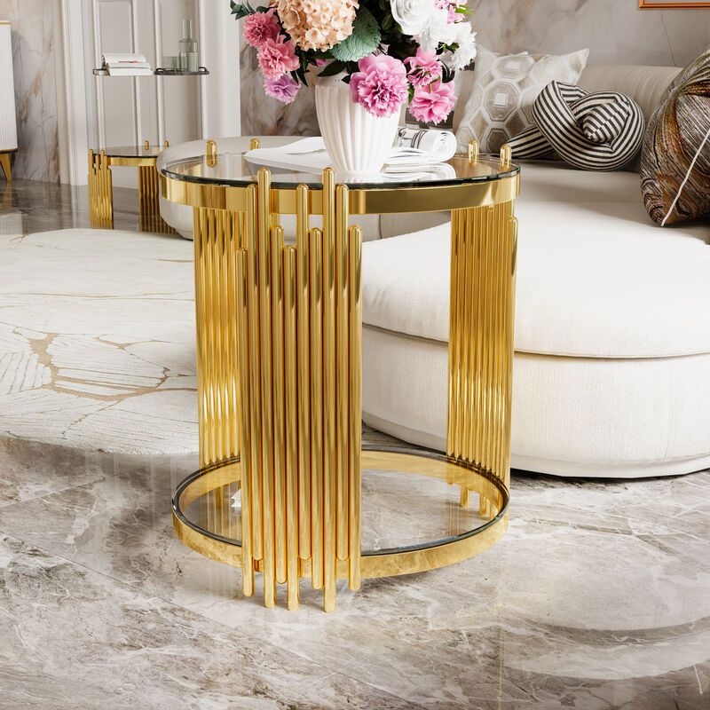 Merax Modern Mirror Round End Table Asymmetrical Metal Frame with Lower Shelf image number 2