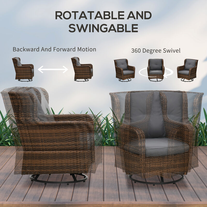 Outsunny 4 Piece PE Rattan Outdoor Patio Furniture Set, Wicker Conversation Set with 2 Swivel Rocking Chairs, 2-Tier Glass Table and Loveseat for Garden, Patio, Poolside, Gray