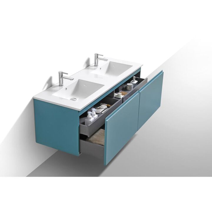 Kubebath Balli 60'' Double Sink Wall Mount Modern Bathroom Vanity in Teal Green Finish