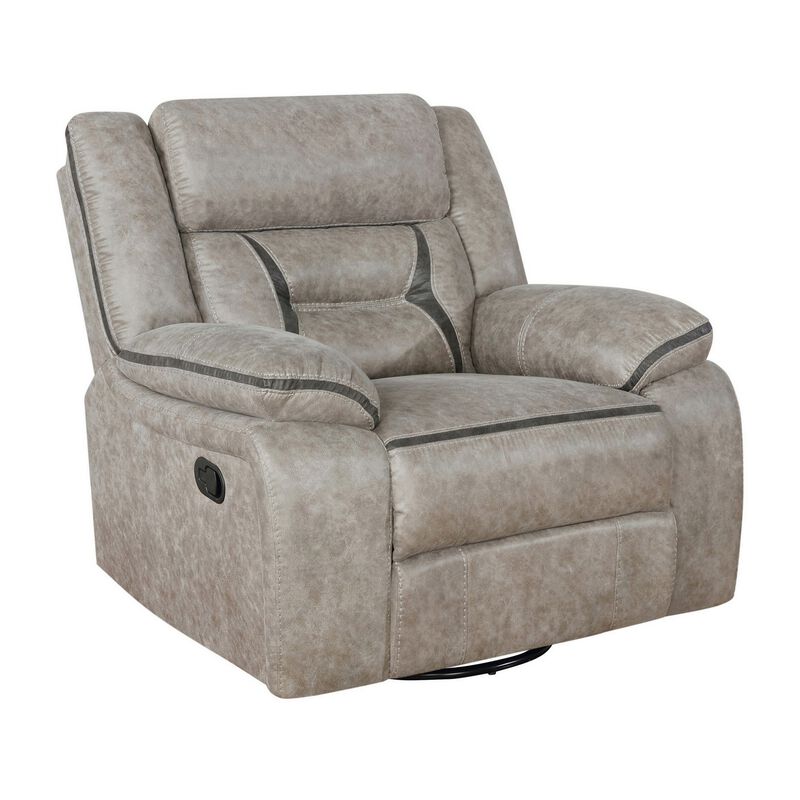 Jake 41 Inch Gliding Manual Recliner, Pillowtop, Taupe Brown Faux Leather - Benzara