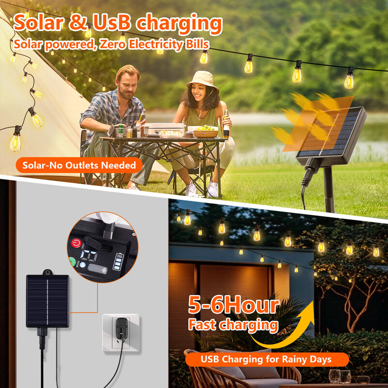 15-Light 60 ft. Outdoor Solar Powered Integrated LED Edison String Light image number 4