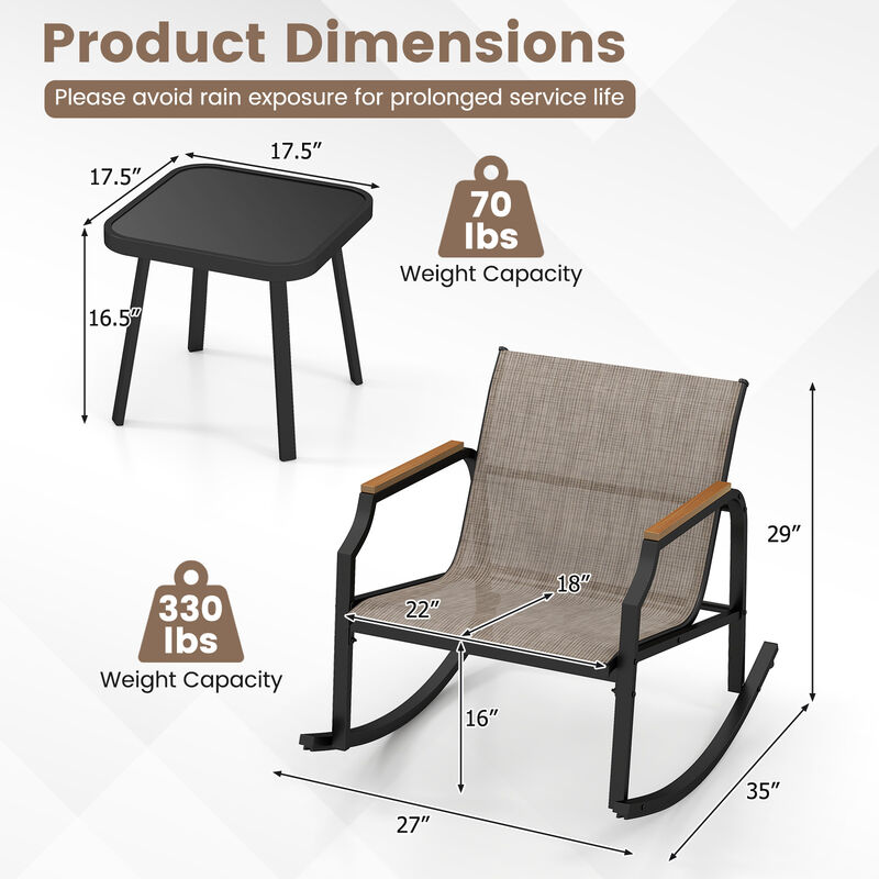 Outdoor Rocking Bistro Set with Armrests and Glass Table &ndash; 3 Piece Porch Furniture