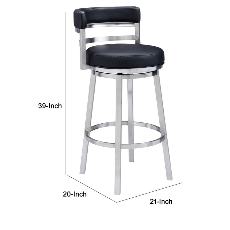 Eva 30 Inch Padded Swivel Bar Stool Chair, Steel Finish, Black Faux Leather - Benzara