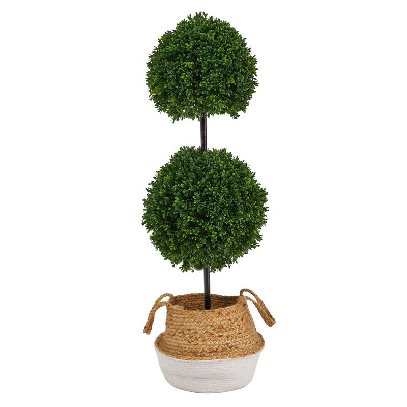 Hivvago 3.5 Feet Boxwood Double Ball Artificial Topiary Tree in Boho Chic Handmade Cotton & Jute White Woven Planter UV Resistant (Indoor/Outdoor)
