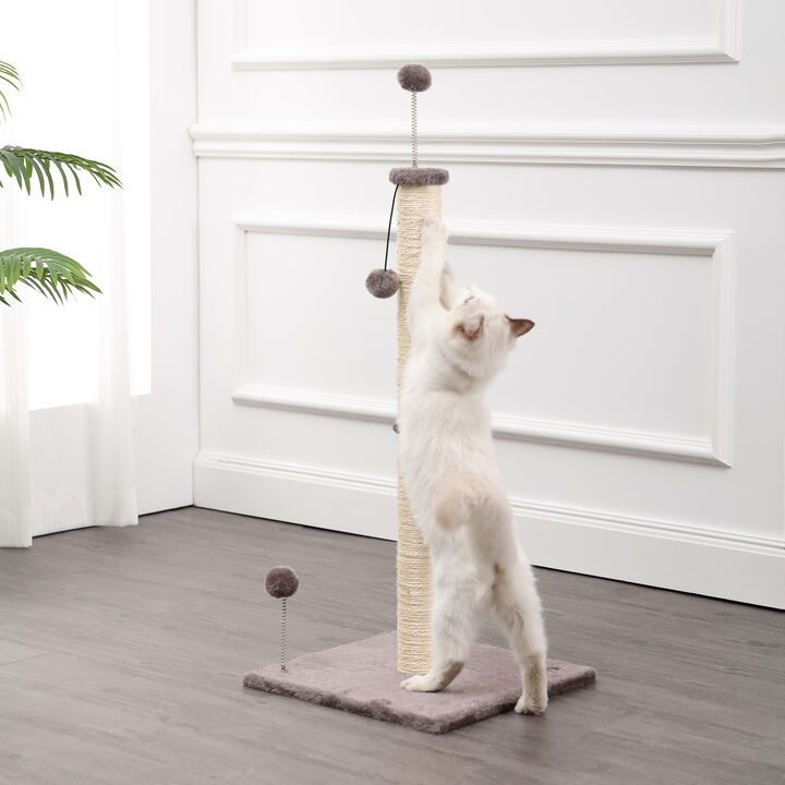 Rylie 38" Farmhouse Sisal Pillar Cat Scratching Post with Fuzzy Toys and Spring Balls, Gray/Cream