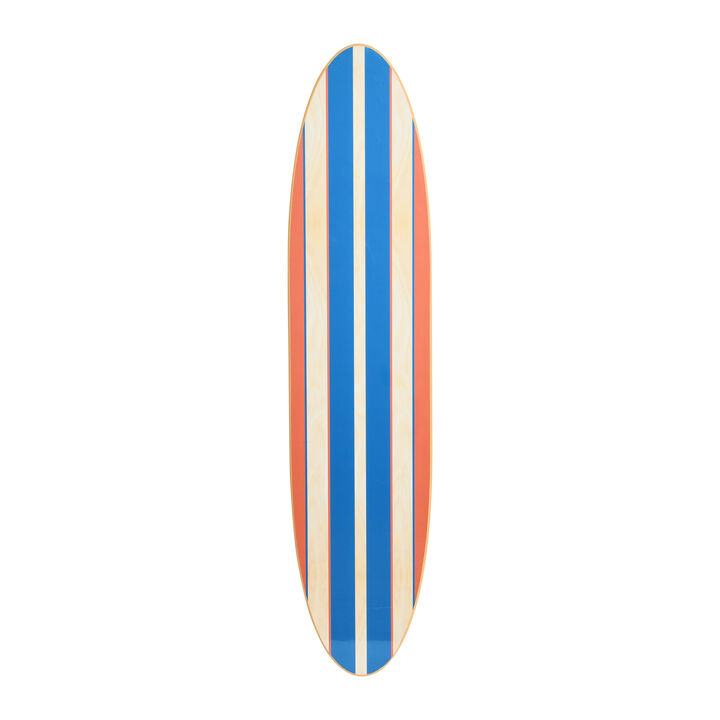 Coastal Decorative Surfboard Wall Decor for Living Room; Contemporary Red & Blue Stripes Overlaid On Natural Wood