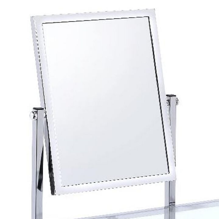 42 Inch Vanity Desk with Faux Fur Stool, Mirror, Glam Chrome Metal Frame - Benzara