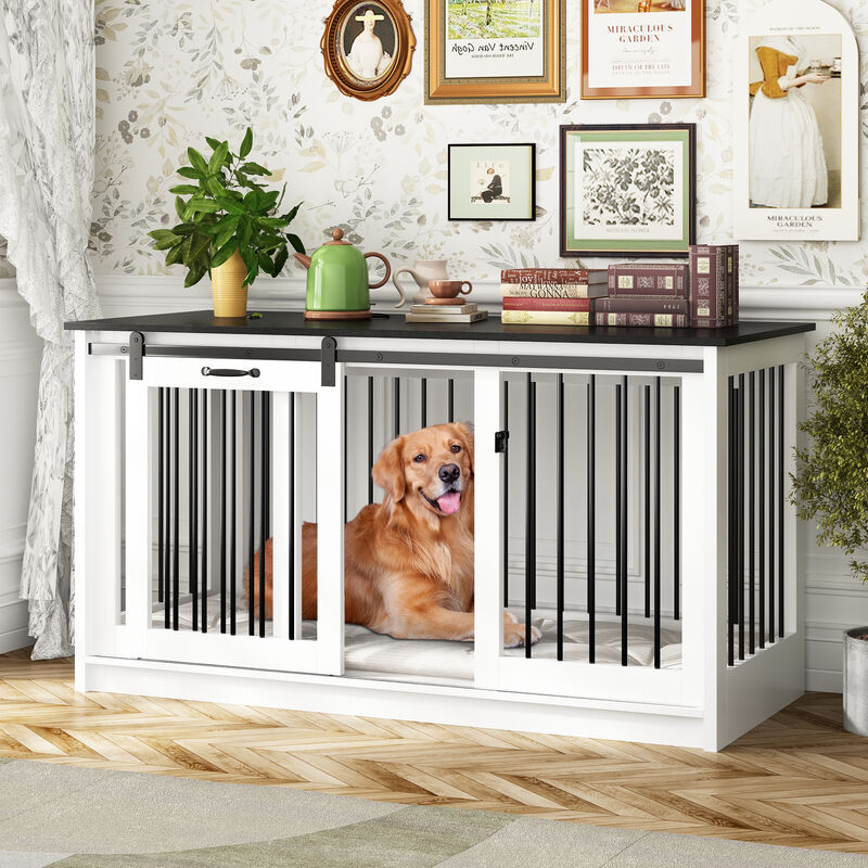 Large Wooden Dog House with Sliding door, Indoor Pet Dog Crate Cage for Large Medium Small Dogs, White