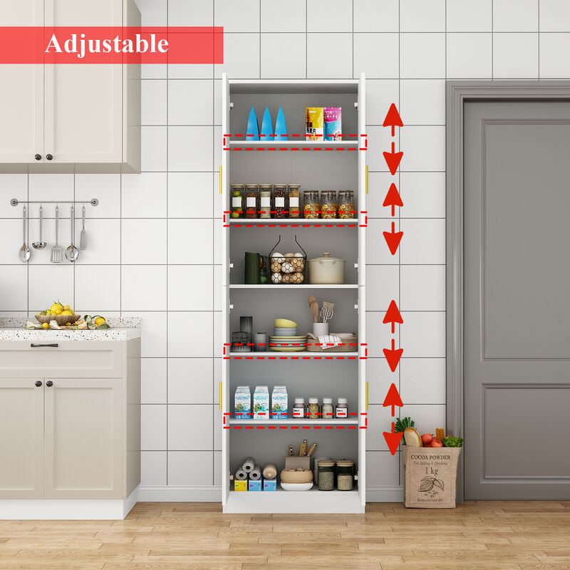 White Wooden Sideboard, Storage Cabinet, Food Pantry, Bookcase with Adjustable Shelves