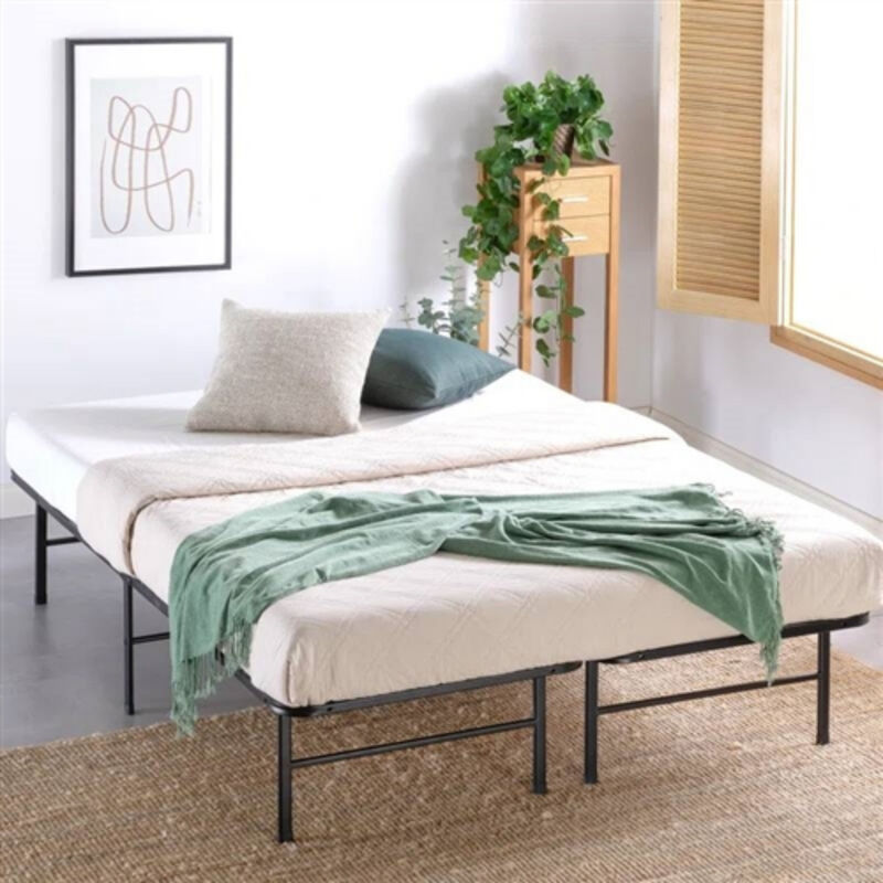 Metal Bed Frame with Wicker Accents and Wood Slats for Supportive Sleep