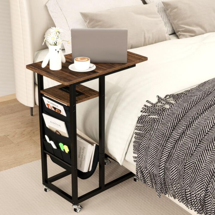 Hivvago C-shaped End Table with Charging Station and Retractable Tabletop