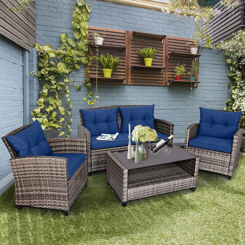 Mondawe 4 Pieces Patio Rattan Furniture Set with Coffee Table and Cushioned Sofa