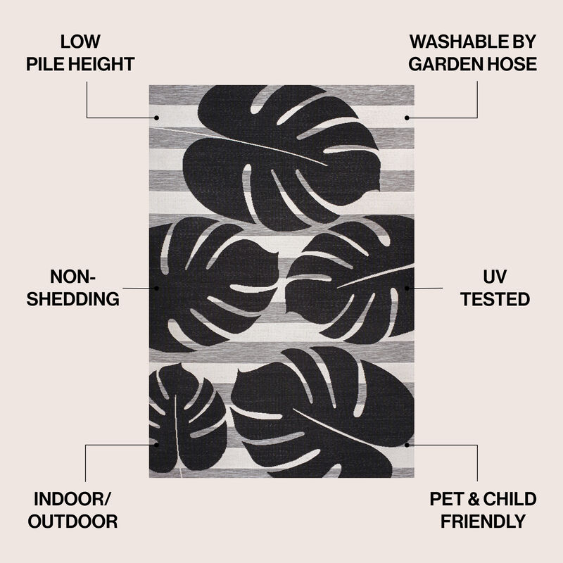 Allison Classic Beach Stripe and Monstera Leaf Indoor/Outdoor Area Rug