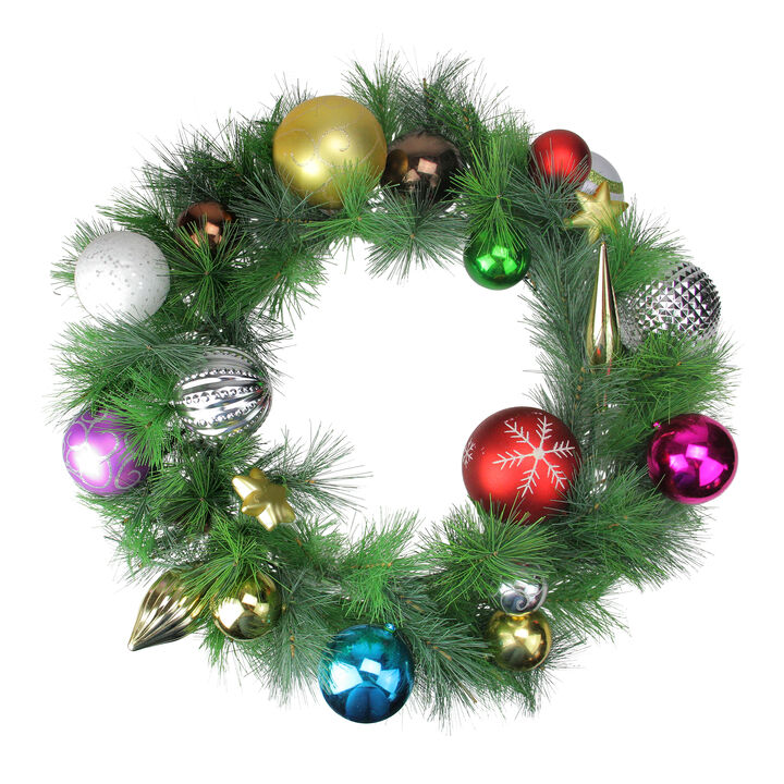 Multi-Colored Ornaments and Artificial Pine Christmas Wreath  24-Inch  Unlit