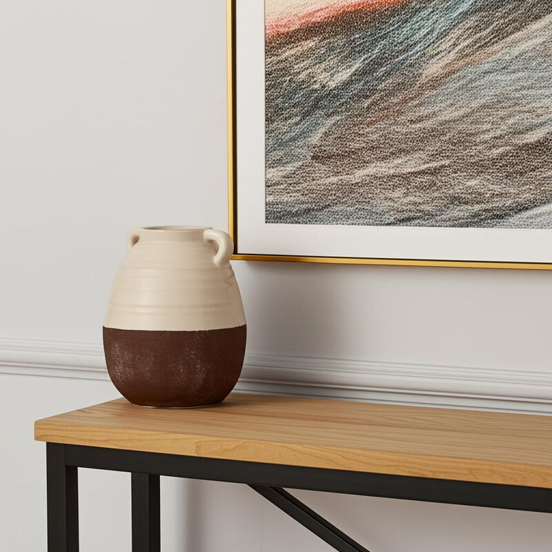 HomeRoots 14" Brown And Cream Ceramic Amphora Table Vase image number 1