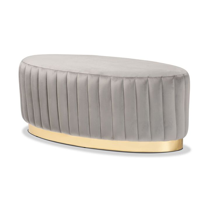 Baxton Studio Kirana Glam and Luxe Grey Velvet Fabric Upholstered and Gold PU Leather Ottoman