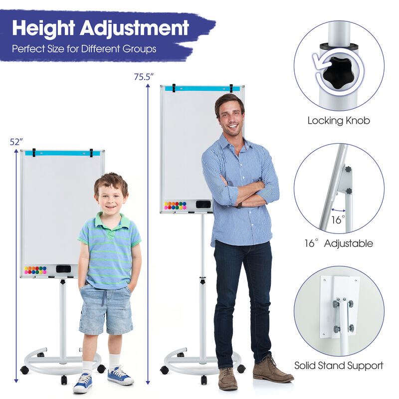 Rolling Height Adjustable Whiteboard with Round Base and Paper Clips image number 3