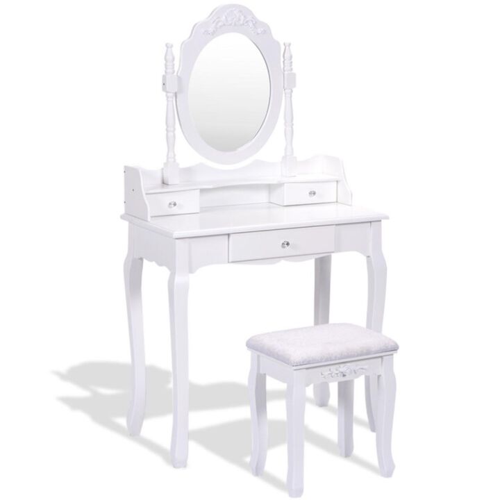 Hivvago Vanity Table Set with Cushioned Stool with 360Â° Rotating Oval Mirror and Three Drawers-White