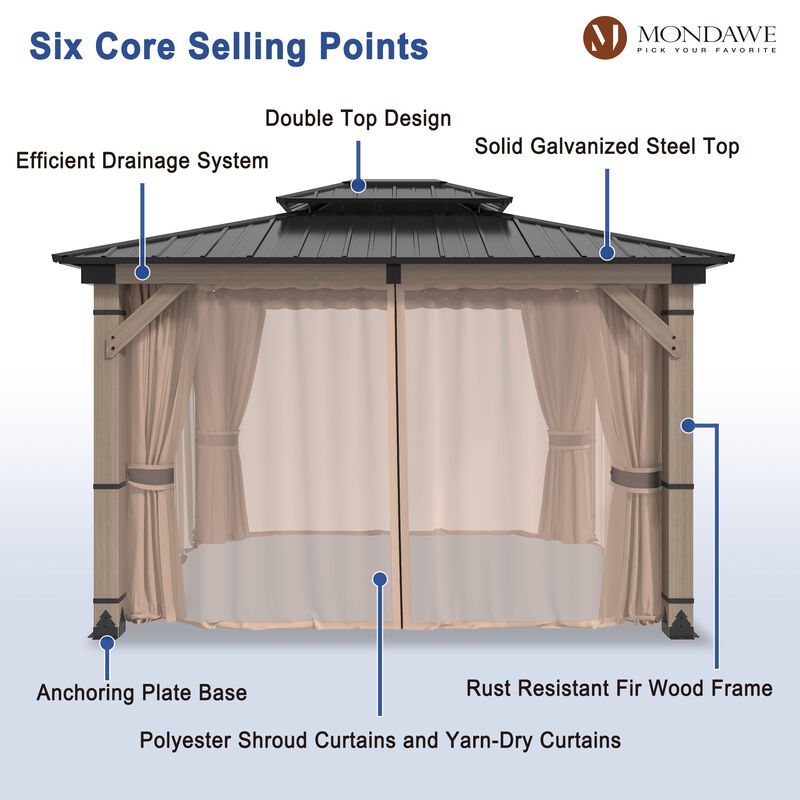 Mondawe Beverly Hills 10 ft. x 12 ft. Outdoor Fir Solid Wood Frame Patio Gazebo Canopy Shelter Galvanized Steel Hardtop with Netting And Curtain