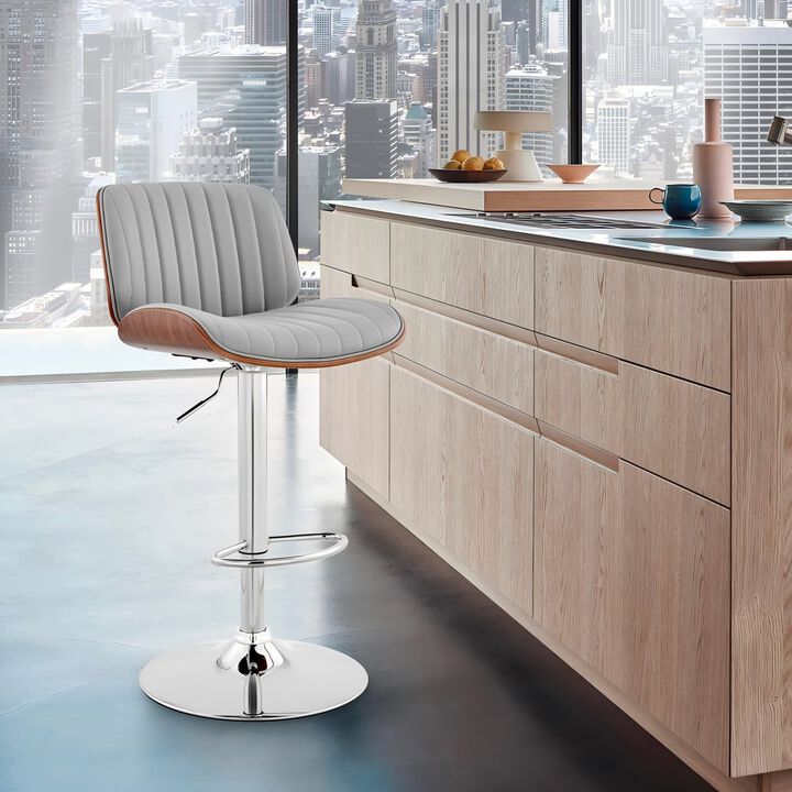 Adjustable Gray Faux Leather and Walnut Wood with Chrome Finish Bar Stool
