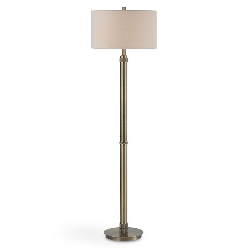 Modern Floor Lamp, White Linen Drum Shade, Brass Metal Pole, Round Base - Benzara