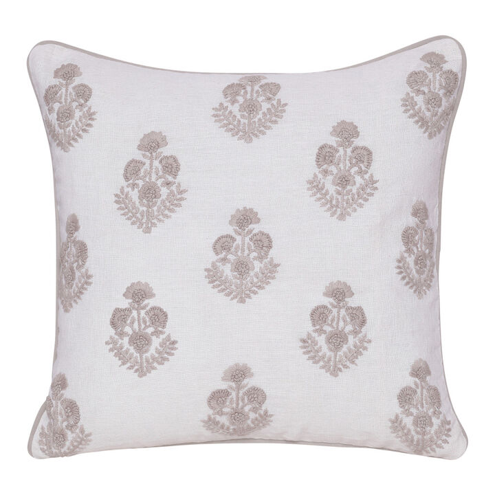 HomeRoots 20" Off White And Taupe Floral Linen Throw Pillow Cover with Embroidery