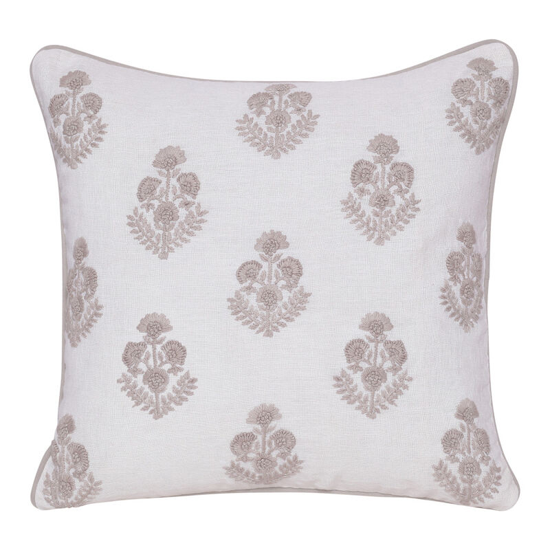 HomeRoots 20" Off White And Taupe Floral Linen Throw Pillow Cover with Embroidery image number 0