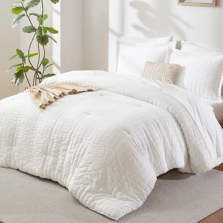 CozyLux Queen Bed in a Bag White Seersucker Comforter Set with Sheets 7-Pieces All Season Bedding Sets with Comforter, Pillow Sh
