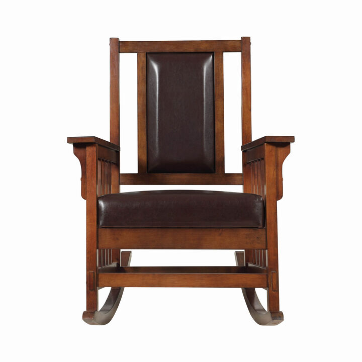 Mission Style Rocking Chair, Leather Upholstered Seat & Back, Tobacco and Dark Brown-Benzara