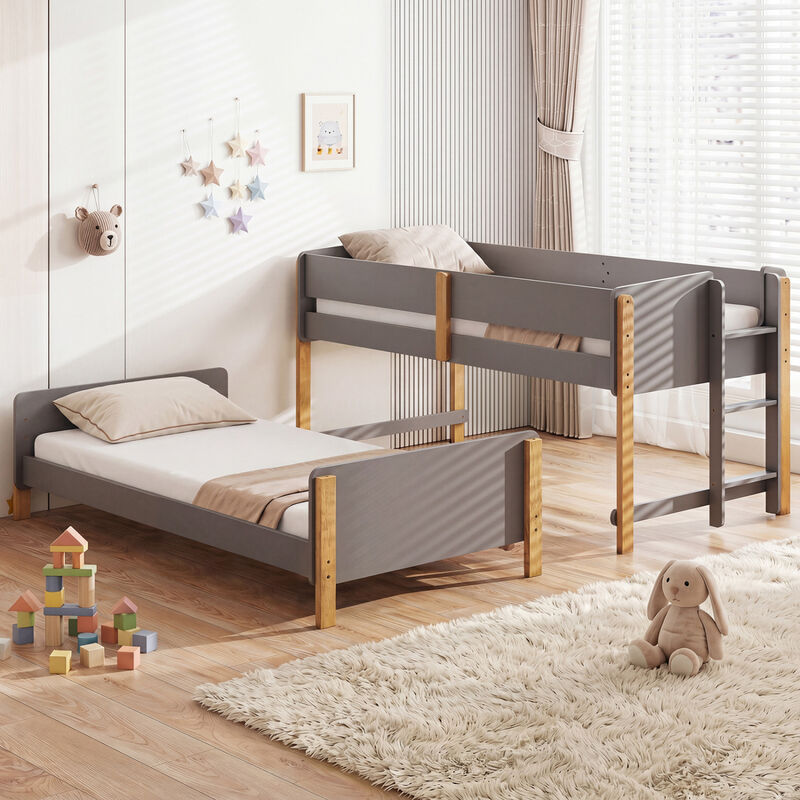 Twin Over Twin Bunk Bed with Ladder Converts to 2 Twin Beds Wood Frame image number 6