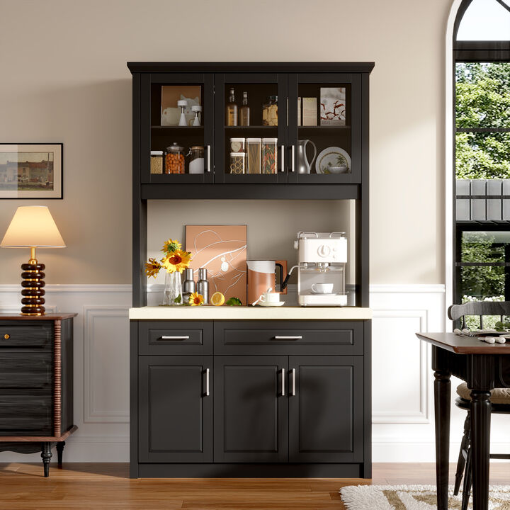 FUFU&GAGA Stone-Look Kitchen Cabinet with Soft-Close Hinges and Textured MDF Doors, American Style Pantry Storage Unit in Black & Marble Finish (47.6' W x 18.7'' D x 82.7'' H), Black