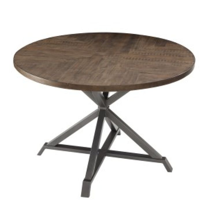 Fena Dining Table, Round 45 Inch Brown Wood Top, Gray Metal Star Base