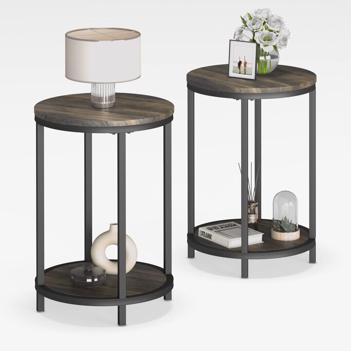 NSdirect Round Side Table Set of 2,16in Rustic Wooden End Table Surface Top & Sturdy Metal Legs Nightstand for Living Room Bedro