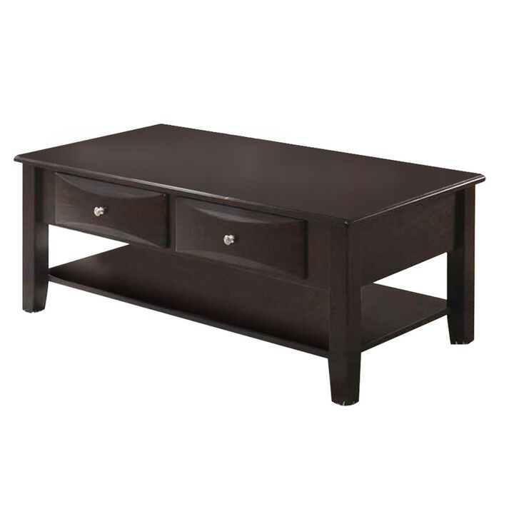Wooden Coffee Table with 2 Spacious Drawers, Brown-Benzara