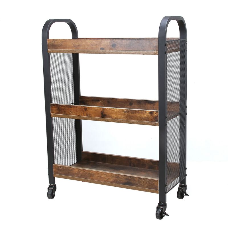 3 Tier Wood and Metal Kitchen Cart with Mesh Side Panel, Brown and Black-Benzara
