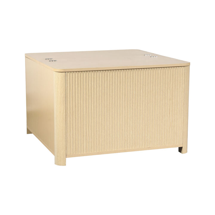 32" Modern Natural Wood Light Oak Fluted Square Coffee Table with Flip Top Hidden Storage